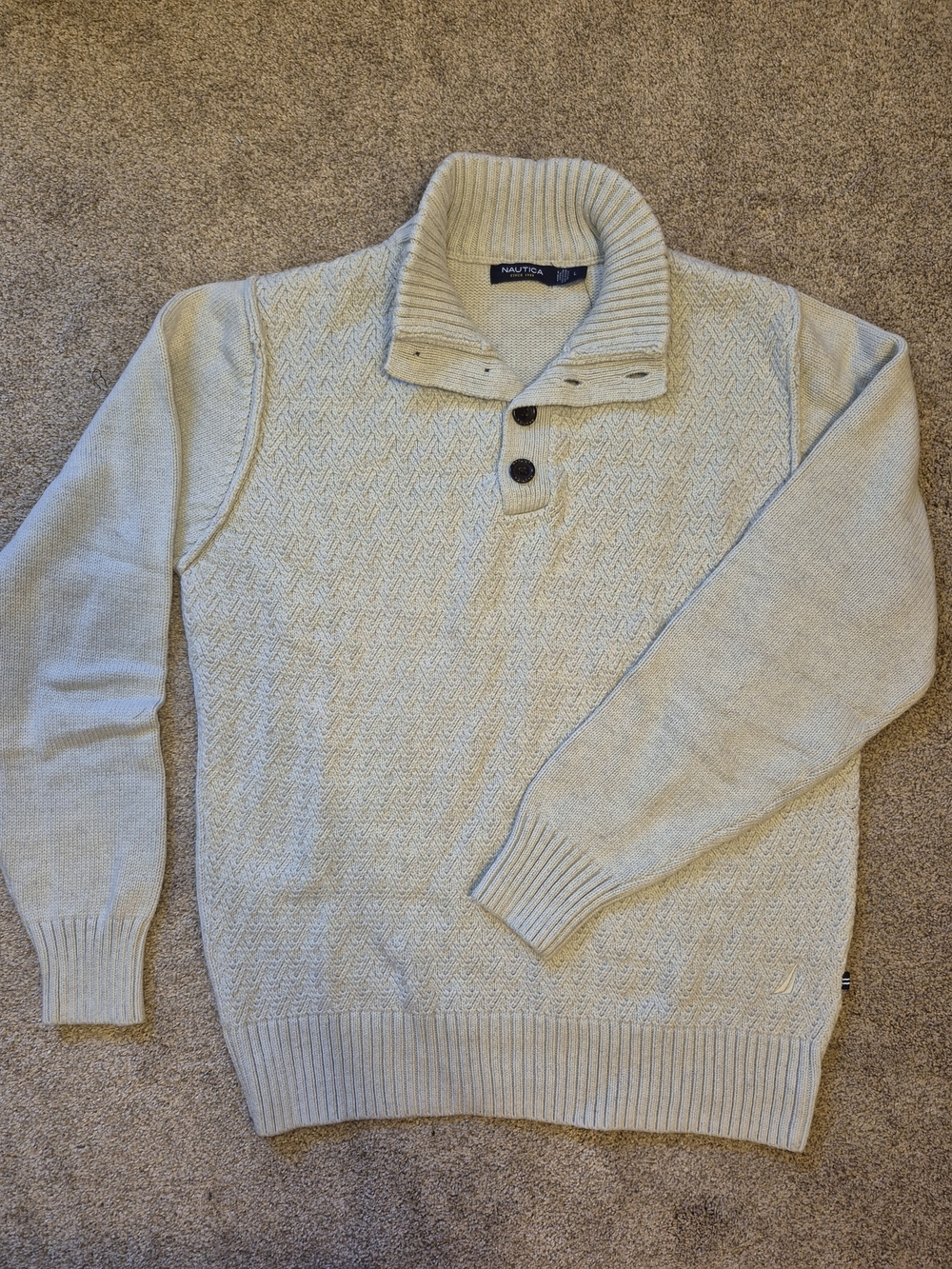 Nautica Men's Cream Shawl Collar Zip-Up Look Pullover Sweater